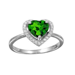 Sterling Silver 925 Rhodium Plated CZ Green Halo Heart Ring